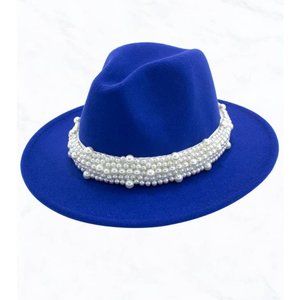 New Style Royal Blue Fashion Fedora Jazz Hat with Wide Pearl Belt